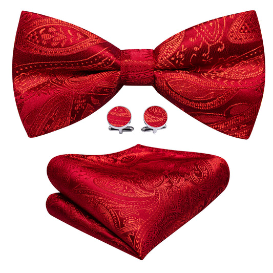 Barry. Wang Red Paisley Bow Tie Hanky Cufflinks Set Jacquard Formal Pre-tied Wedding Party Bow Tie
