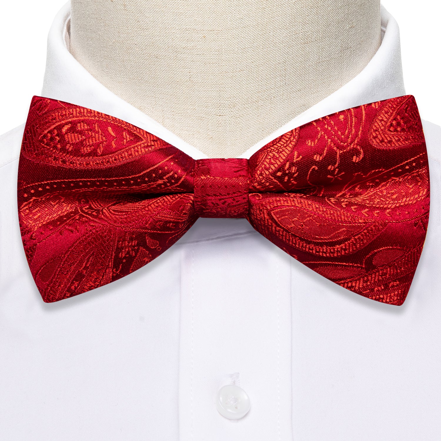 Strong Red Paisley Pre-tied Bow Tie Hanky Cufflinks Set
