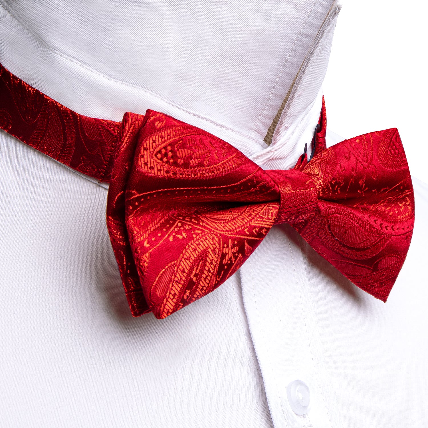 Strong Red Paisley Pre-tied Bow Tie Hanky Cufflinks Set