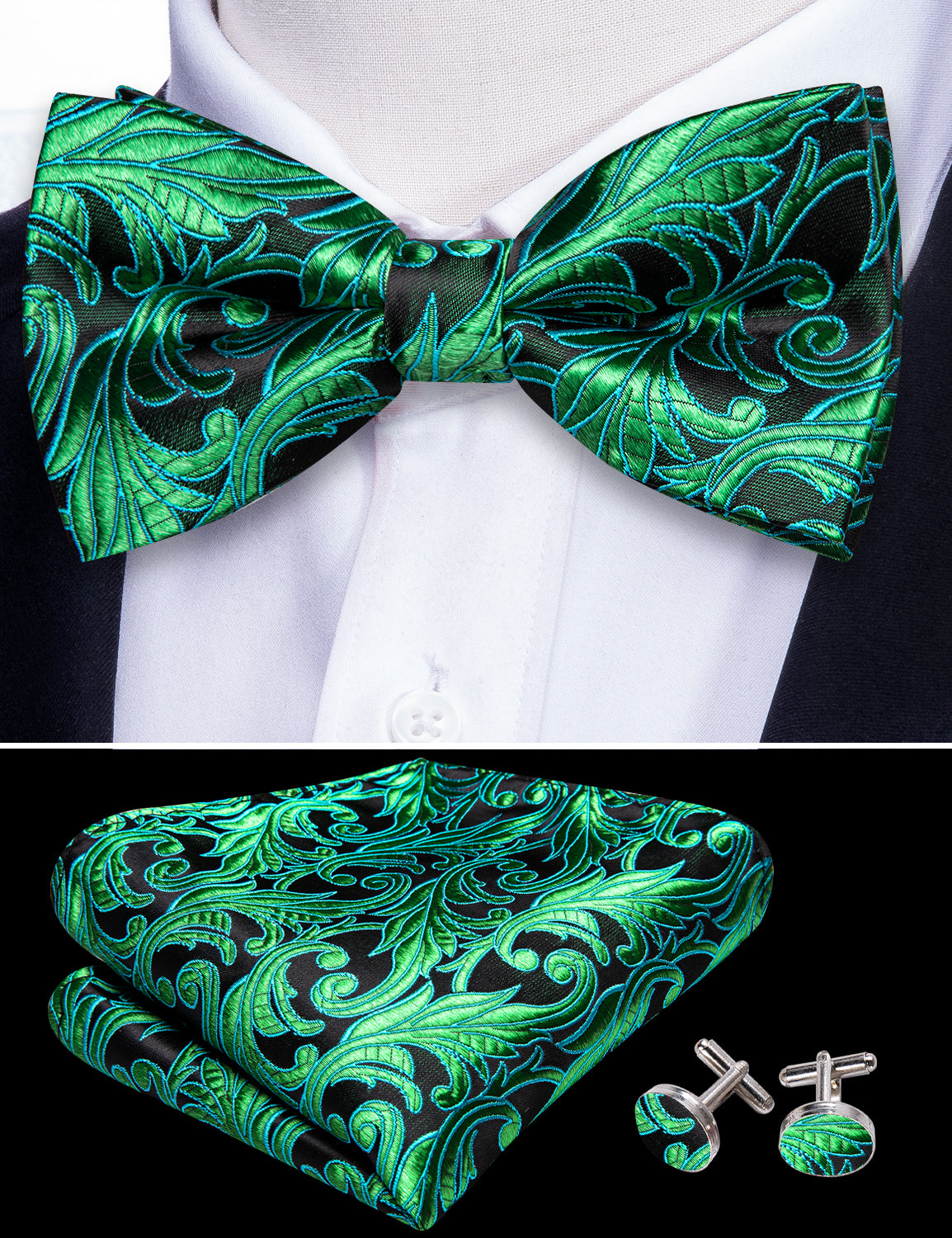 Green Floral Pre-tied Bow Tie Hanky Cufflinks Set