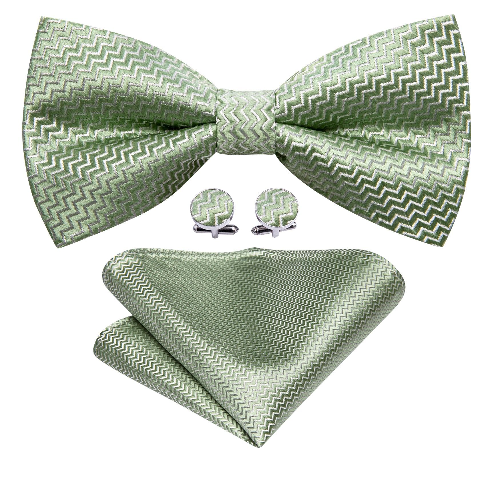 Green Curve Silk Bow Tie Hanky Cufflinks Set