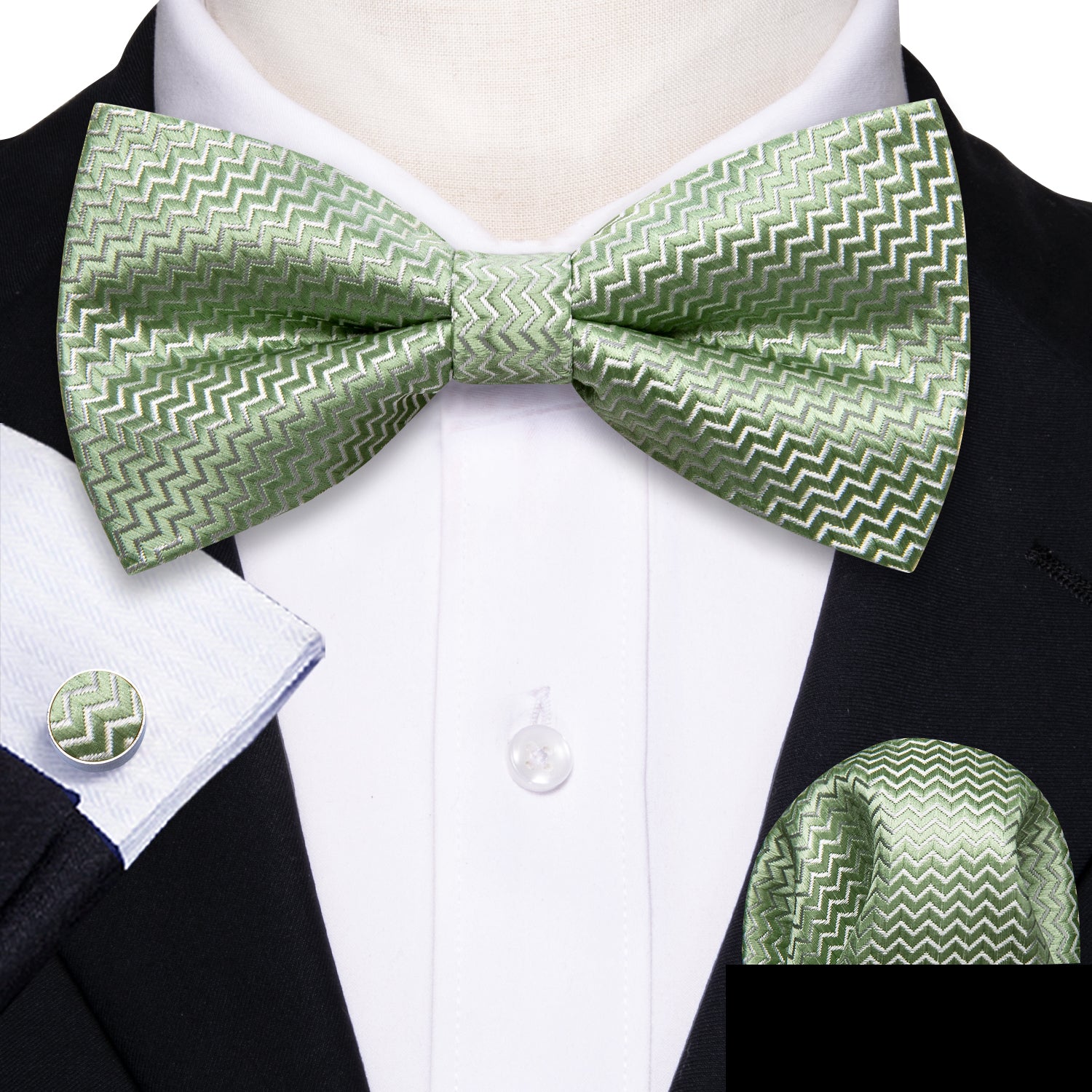 Green Curve Silk Bow Tie Hanky Cufflinks Set