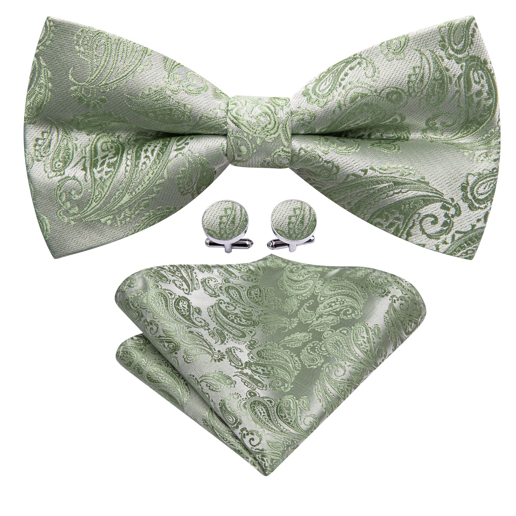 Green Paisley Silk Bow Tie Hanky Cufflinks Set