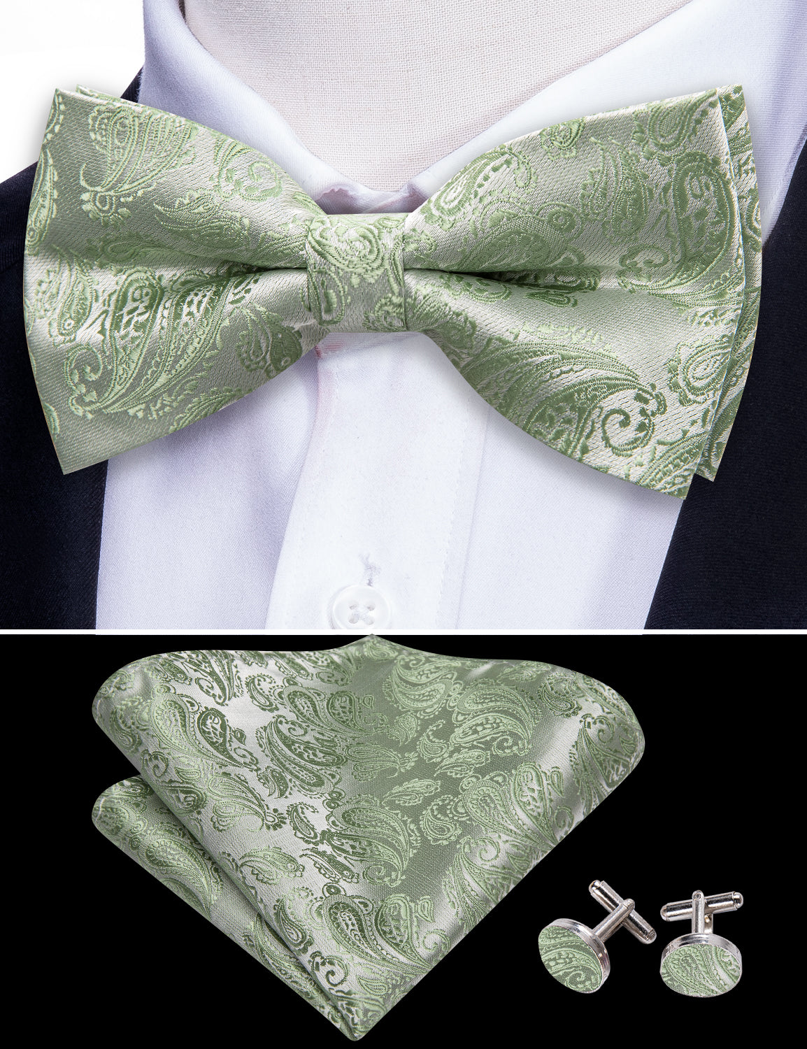 Green Paisley Silk Bow Tie Hanky Cufflinks Set
