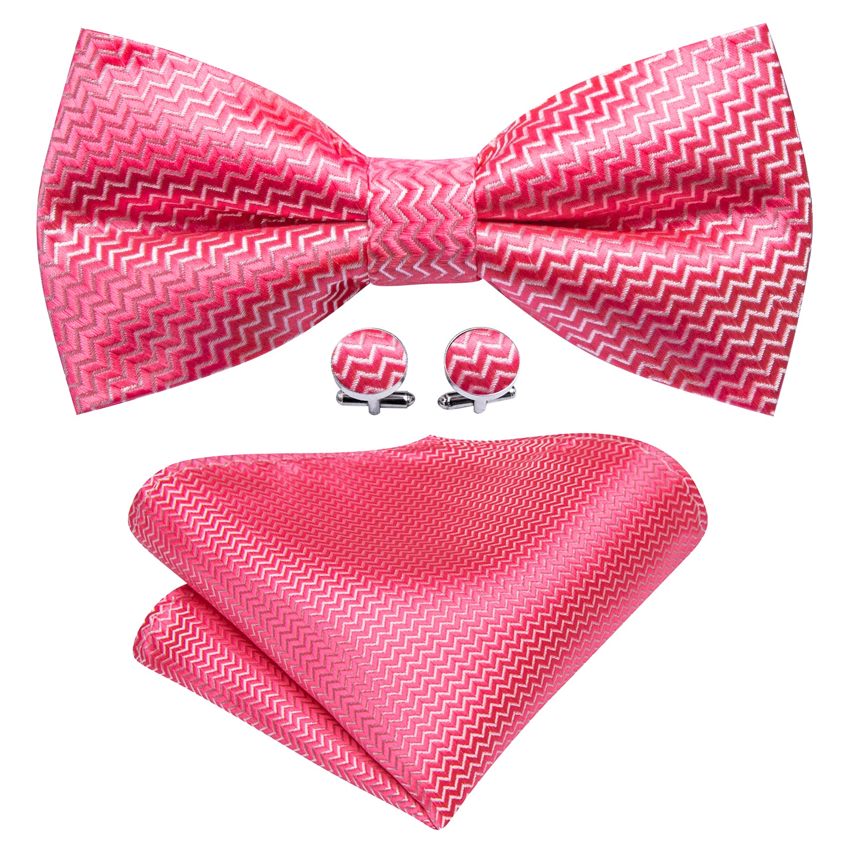 Shock Pink Curve Silk Bow Tie Hanky Cufflinks Set