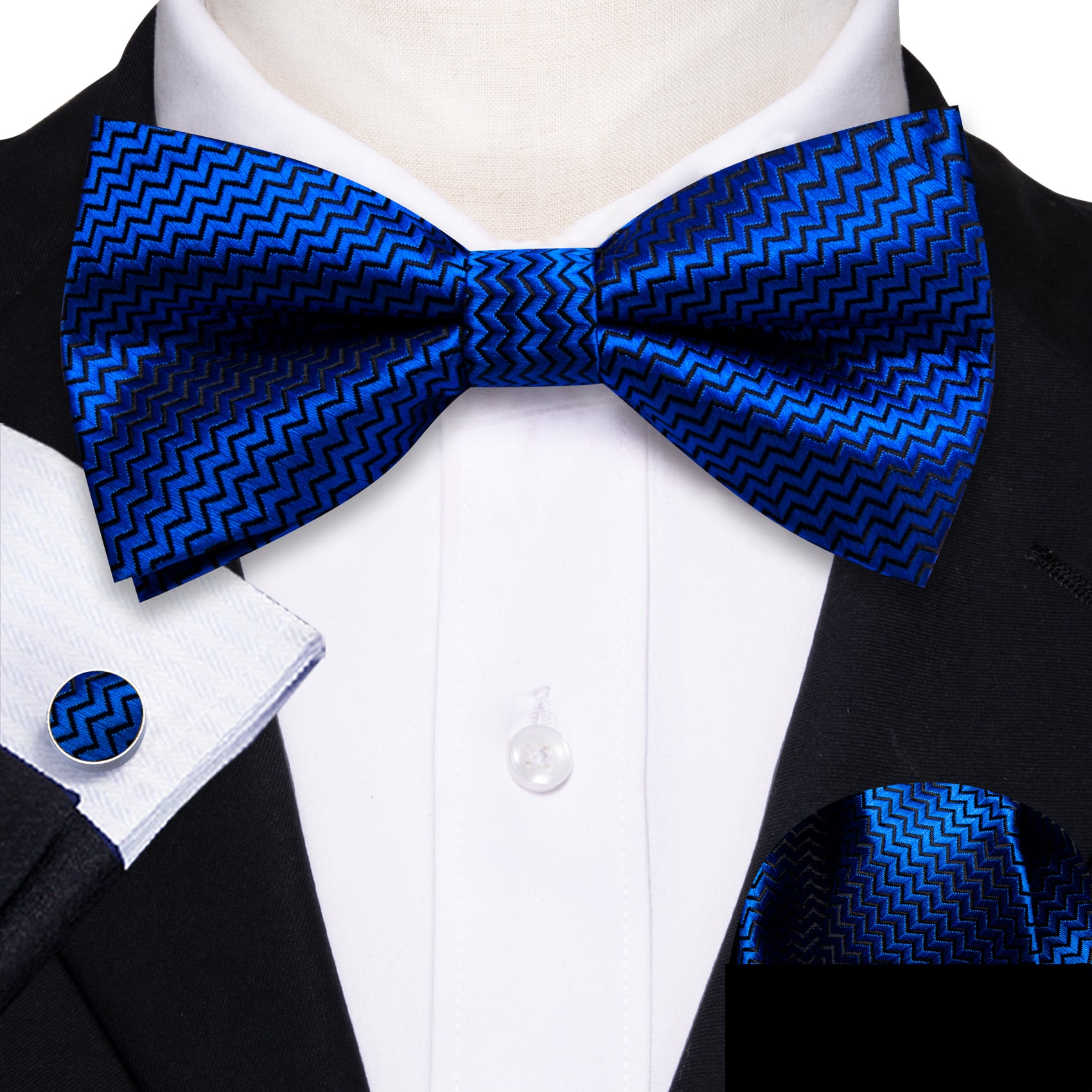 Cobalt Blue Curve Silk Bow Tie Hanky Cufflinks Set