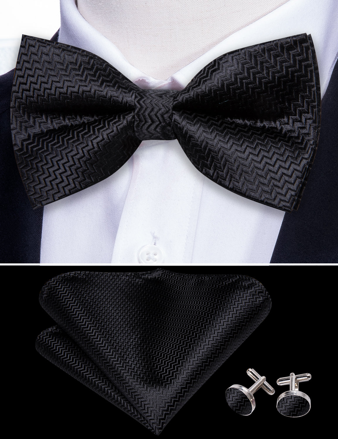 Black Curve Silk Bow Tie Hanky Cufflinks Set