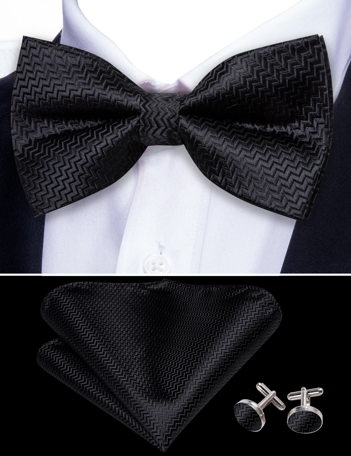 Black Curve Silk Bow Tie Hanky Cufflinks Set