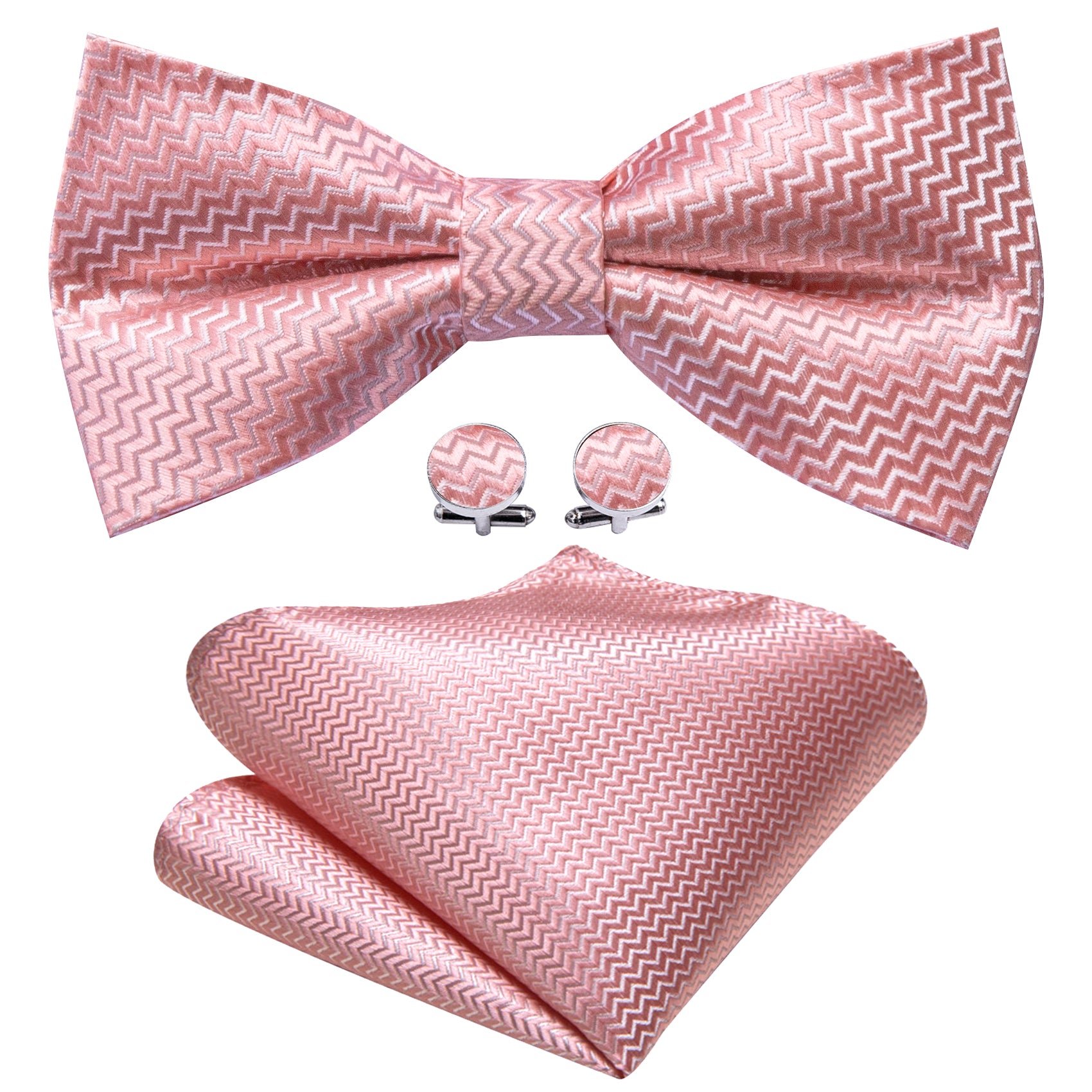 Pink Curve Silk Bow Tie Hanky Cufflinks Set