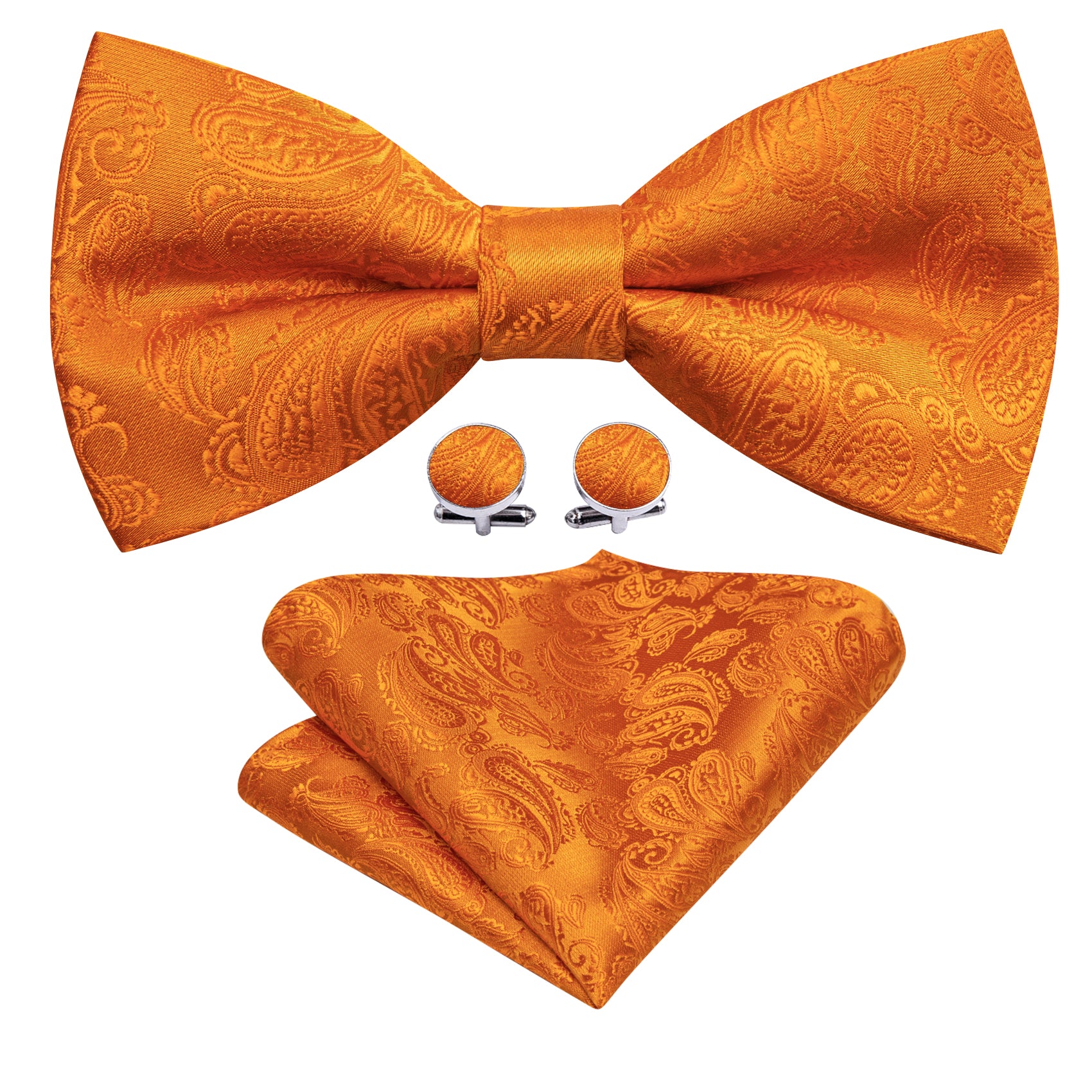 Orange Paisley Silk Bow Tie Hanky Cufflinks Set