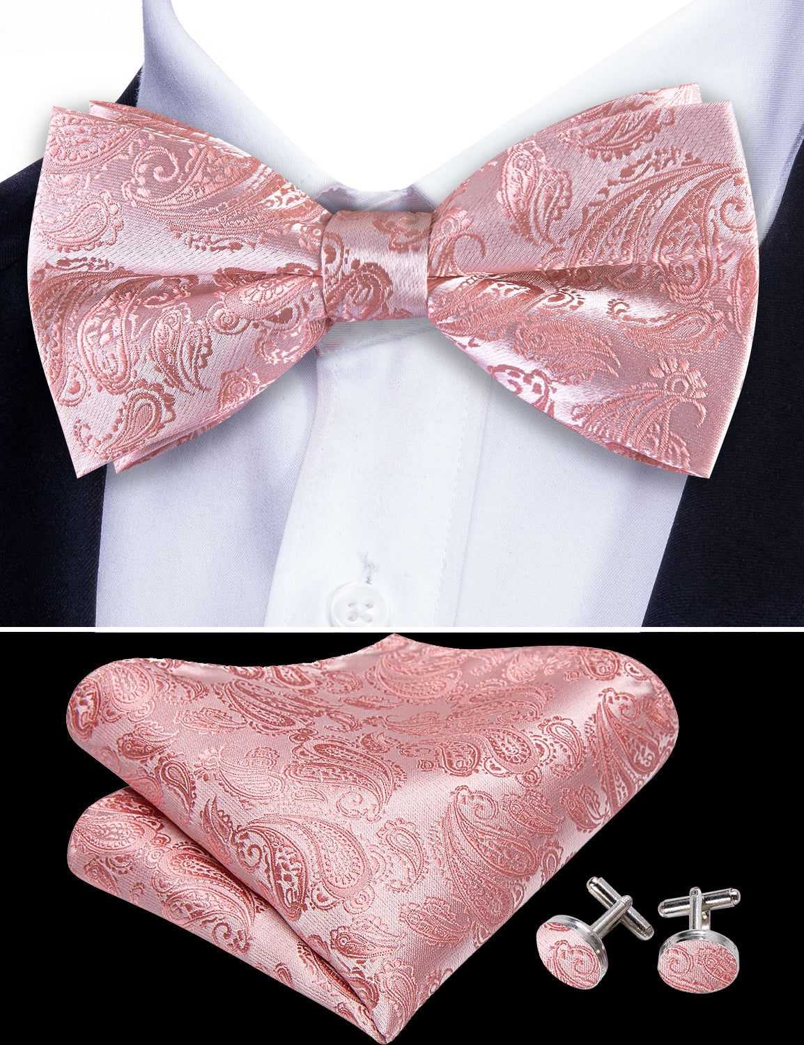 Pink Paisley Silk Bow Tie Hanky Cufflinks Set