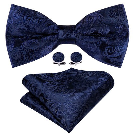 Barry. Wang Navy Blue Bowtie Paisley Pre-tied Adjustable Silk Bow Tie for Tuxedo Hanky Cufflinks Set