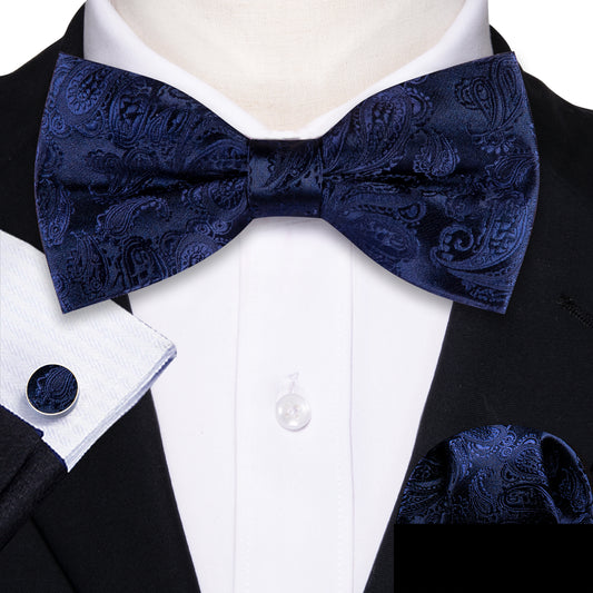 Barry. Wang Navy Blue Bowtie Paisley Pre-tied Adjustable Silk Bow Tie for Tuxedo Hanky Cufflinks Set