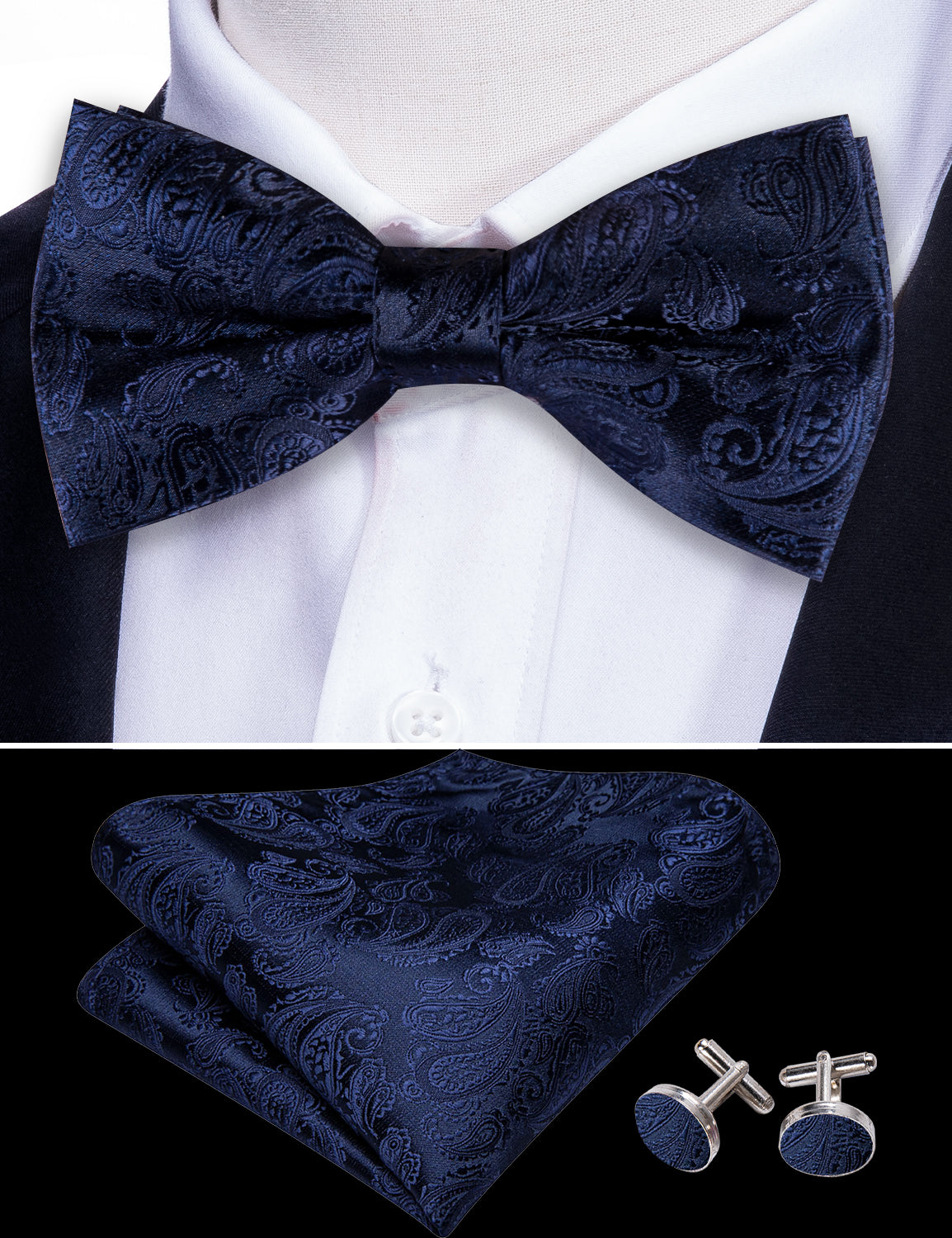 Salvia Blue Paisley Silk Bow Tie Hanky Cufflinks Set