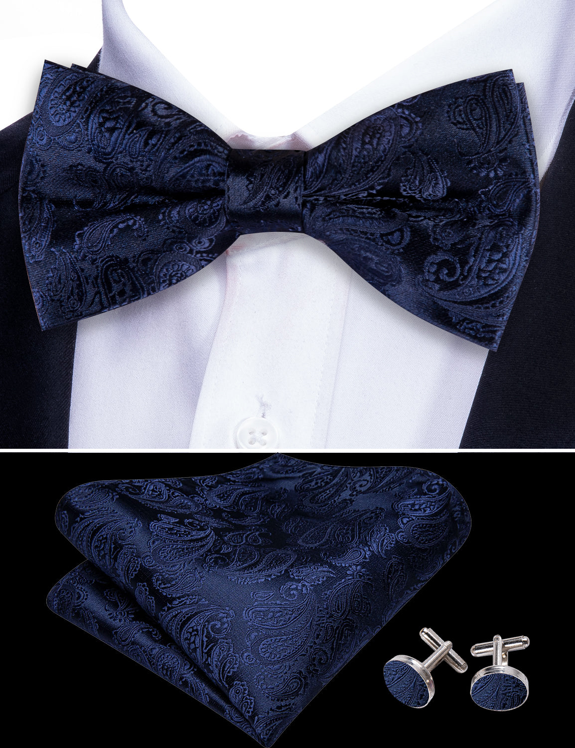 Salvia Blue Paisley Silk Bow Tie Hanky Cufflinks Set