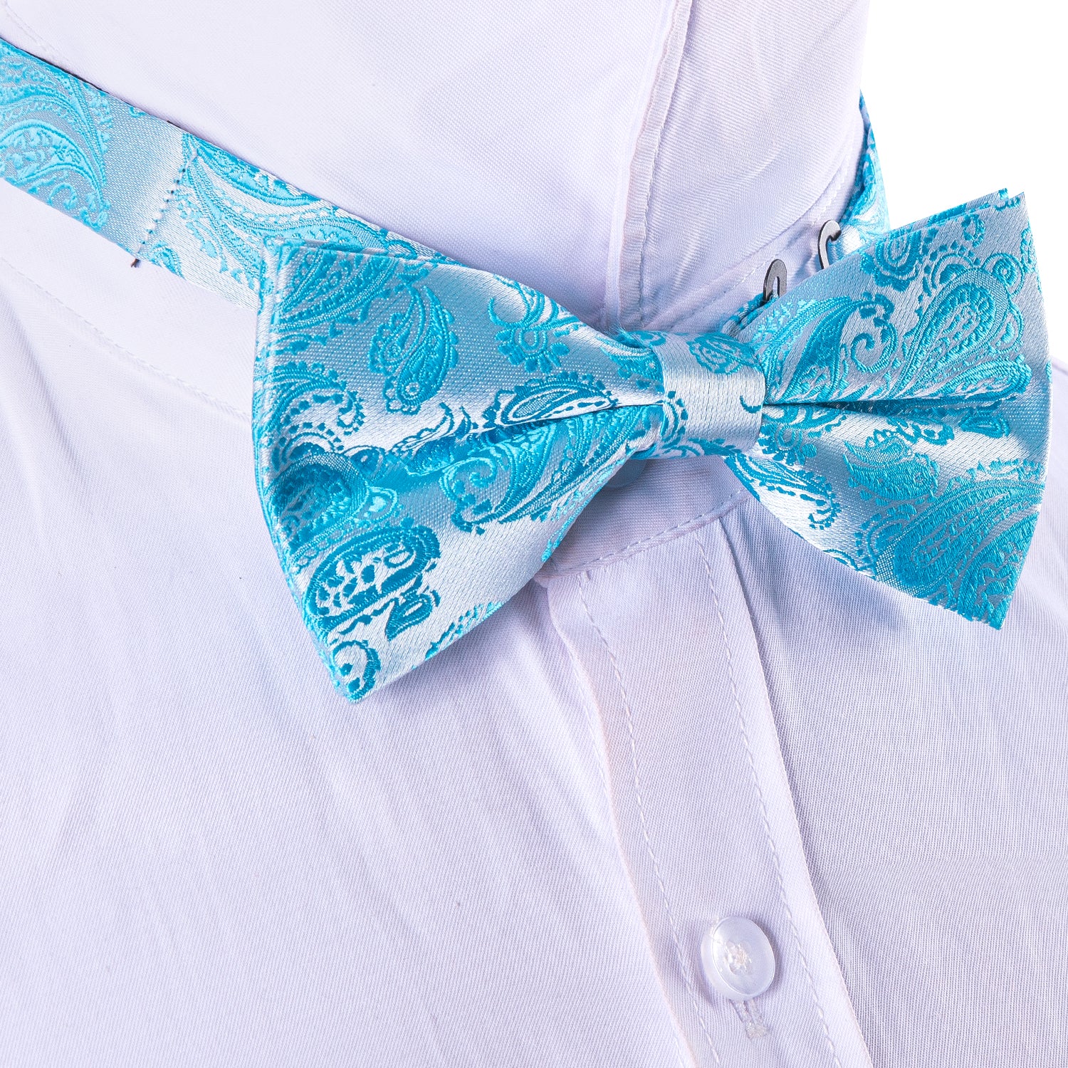 Pale Blue Silver Paisley Silk Bow Tie Hanky Cufflinks Set