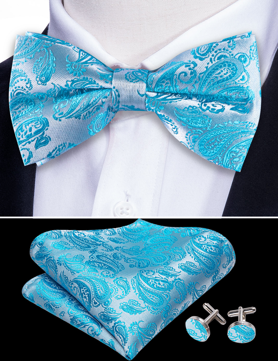 Pale Blue Silver Paisley Silk Bow Tie Hanky Cufflinks Set