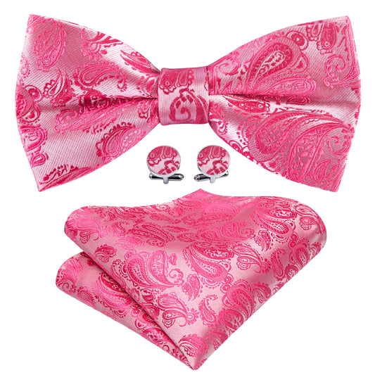 Mens Rose Red Pink Paisley Silk Bow Tie Hanky Cufflinks Set