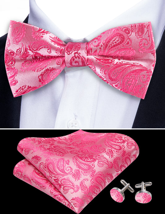 Mens Rose Red Pink Paisley Silk Bow Tie Hanky Cufflinks Set