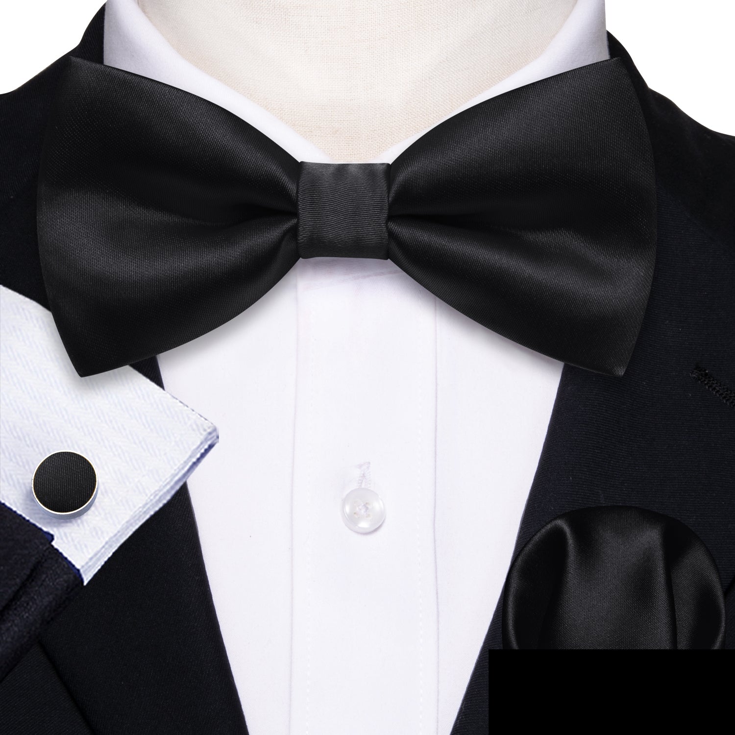 Black Solid Silk Pre Tied Bow Tie Hanky Cufflinks Set