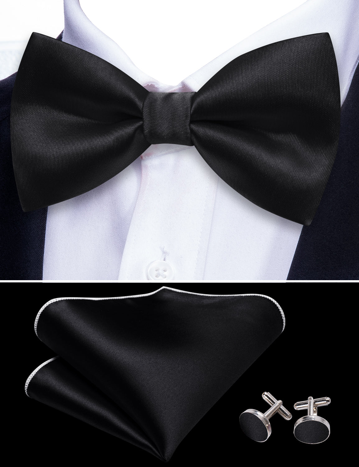 Black Solid Silk Pre Tied Bow Tie Hanky Cufflinks Set