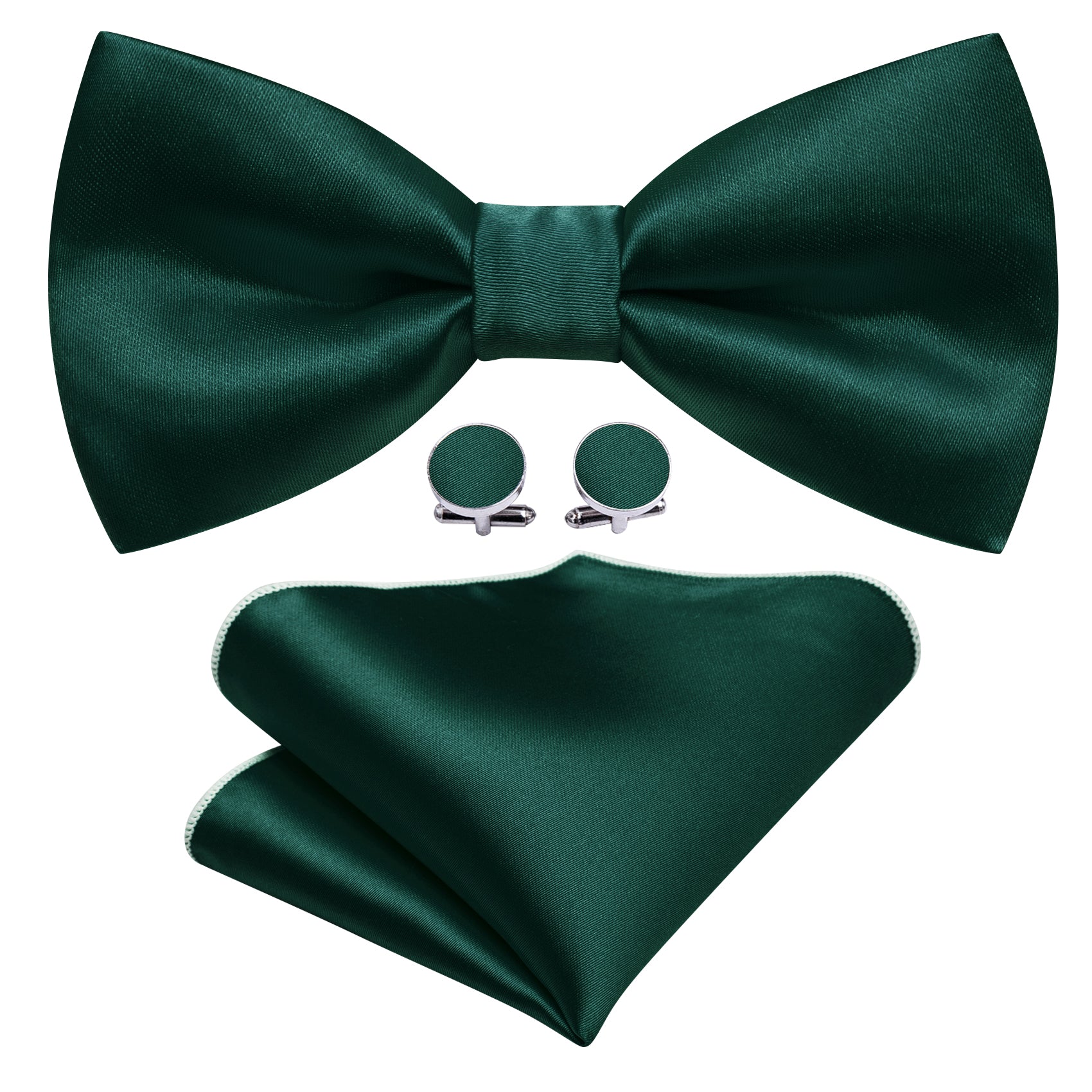 Green Solid Silk Pre Tied Bow Tie Hanky Cufflinks Set