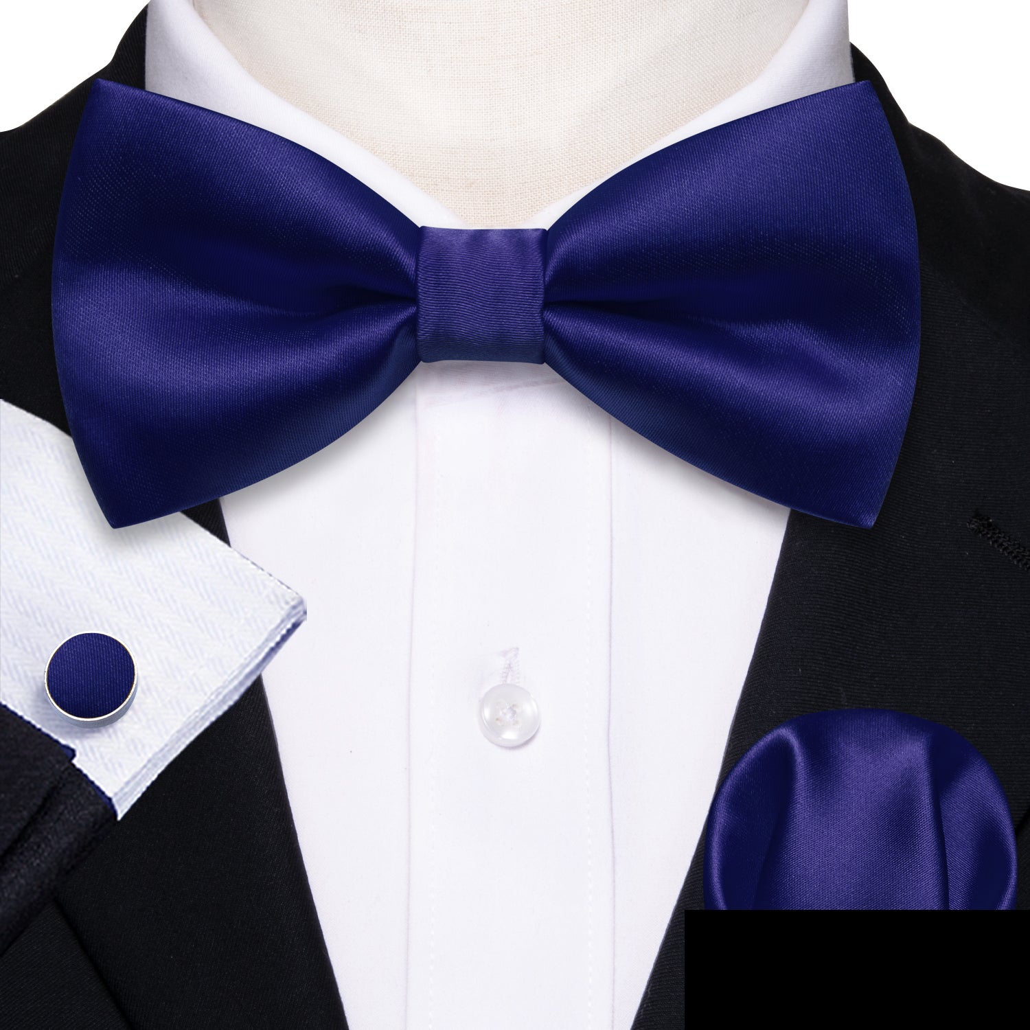 Cobalt Blue Solid Silk Pre Tied Bow Tie Hanky Cufflinks Set