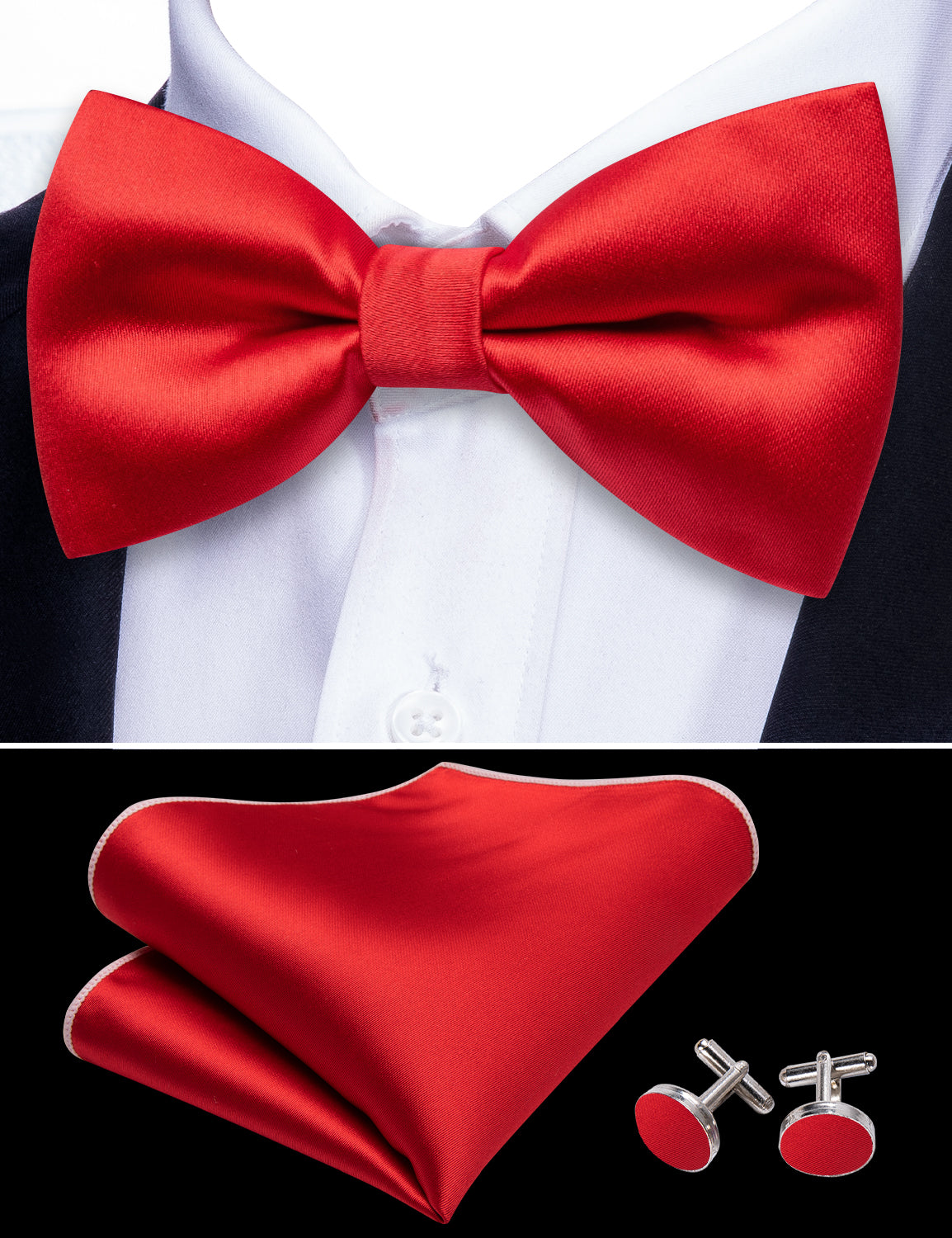 Red Solid Silk Pre Tied Bow Tie Hanky Cufflinks Set