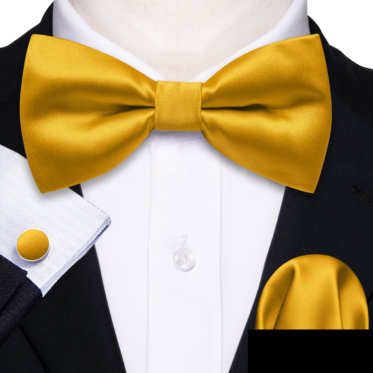 Gold Yellow Solid Silk Pre Tied Bow Tie Hanky Cufflinks Set