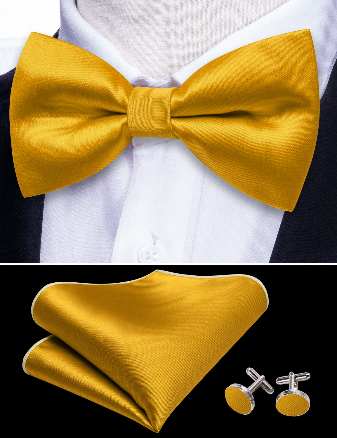 Gold Yellow Solid Silk Pre Tied Bow Tie Hanky Cufflinks Set