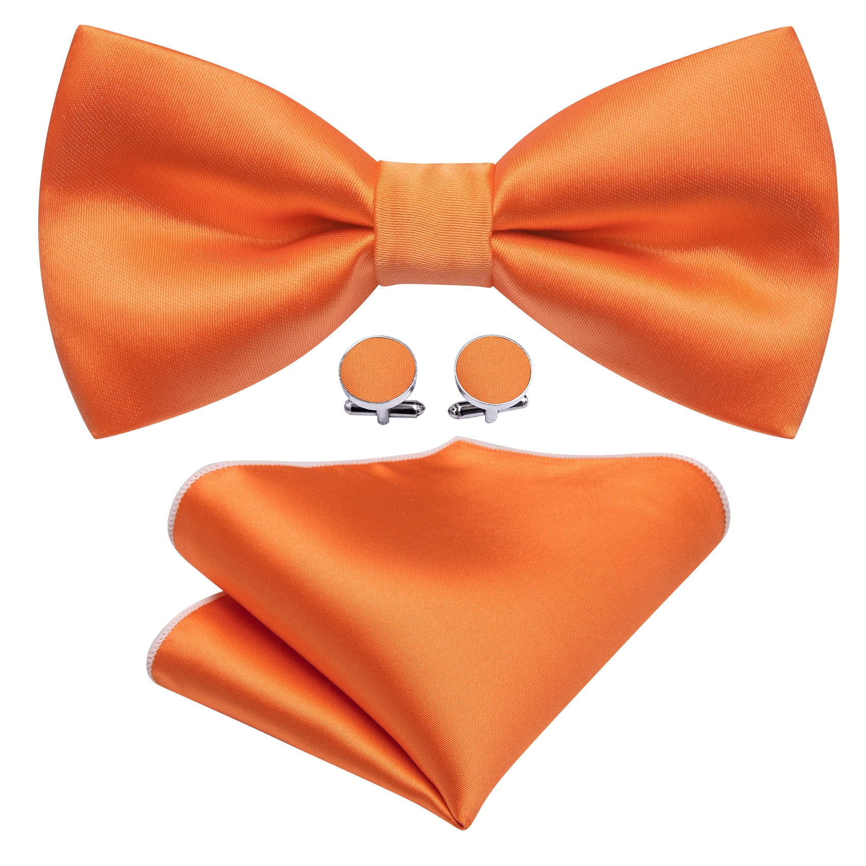 Orange Solid Silk Pre Tied Bow Tie Hanky Cufflinks Set