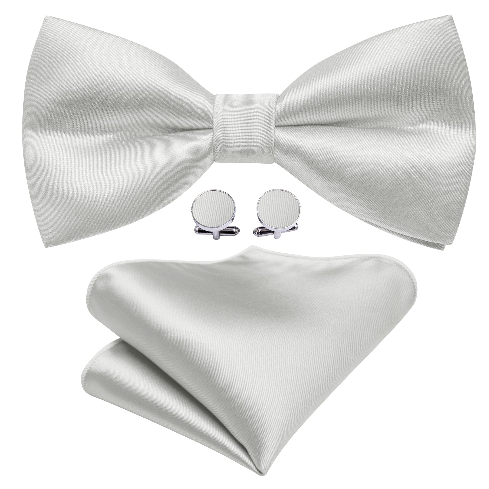 White Grey Solid Silk Pre Tied Bow Tie Hanky Cufflinks Set
