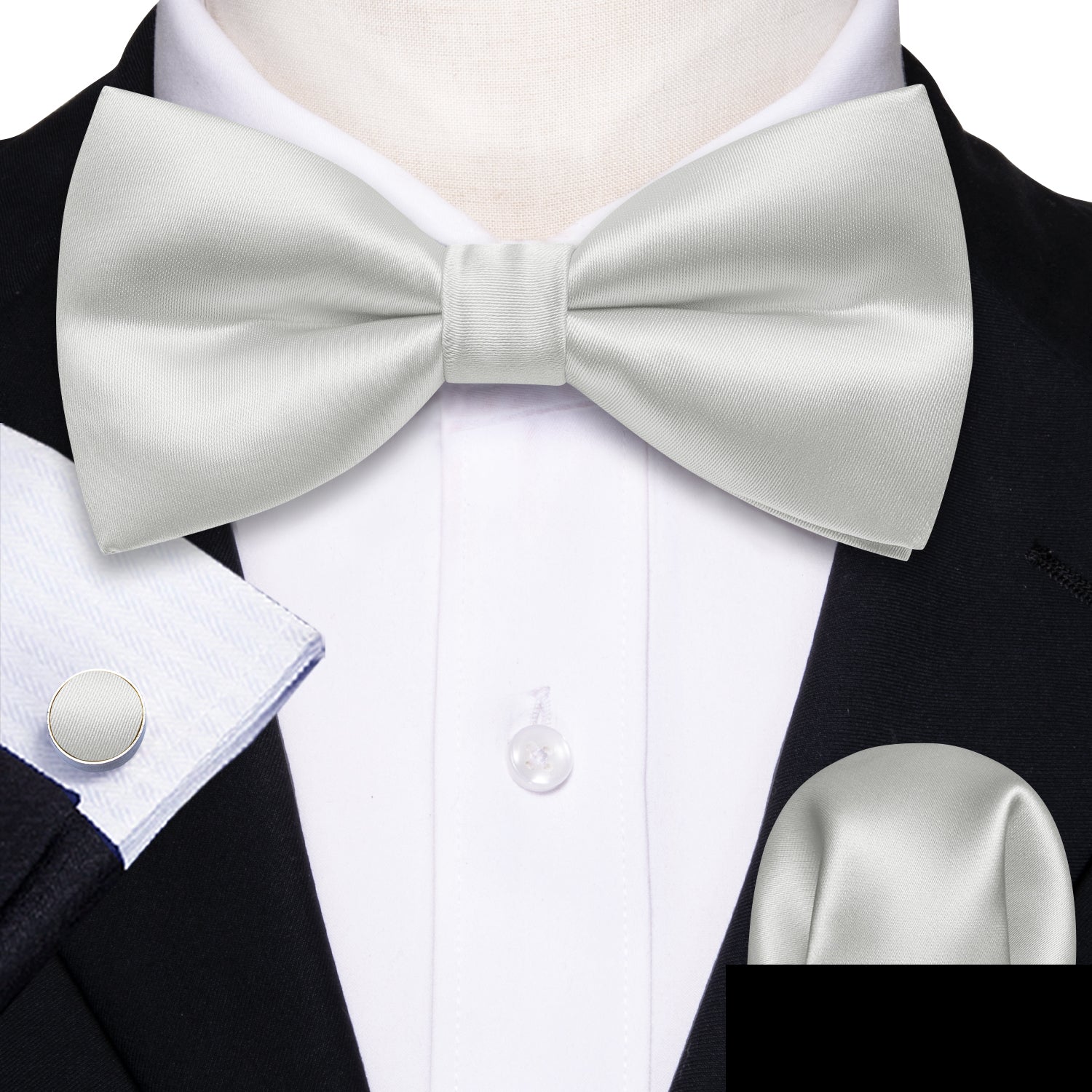 White Grey Solid Silk Pre Tied Bow Tie Hanky Cufflinks Set
