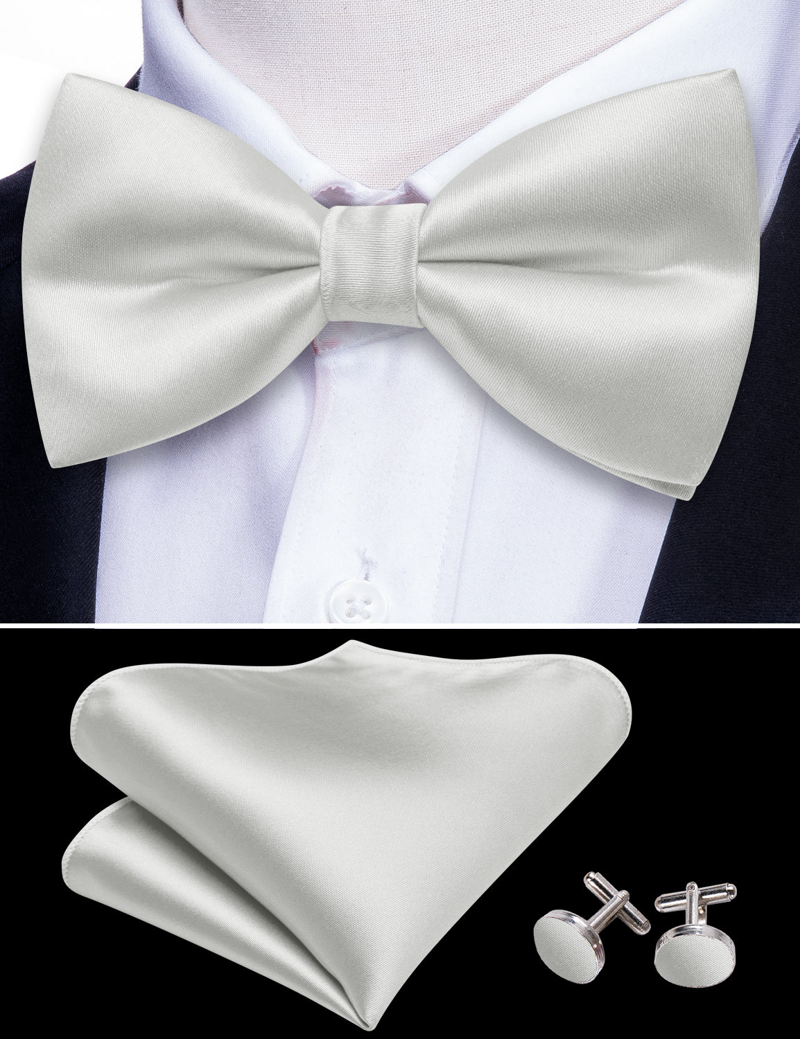 Barry Wang Satin Tie White Grey Solid Pre Tied Bow Tie Hanky Cufflinks Set