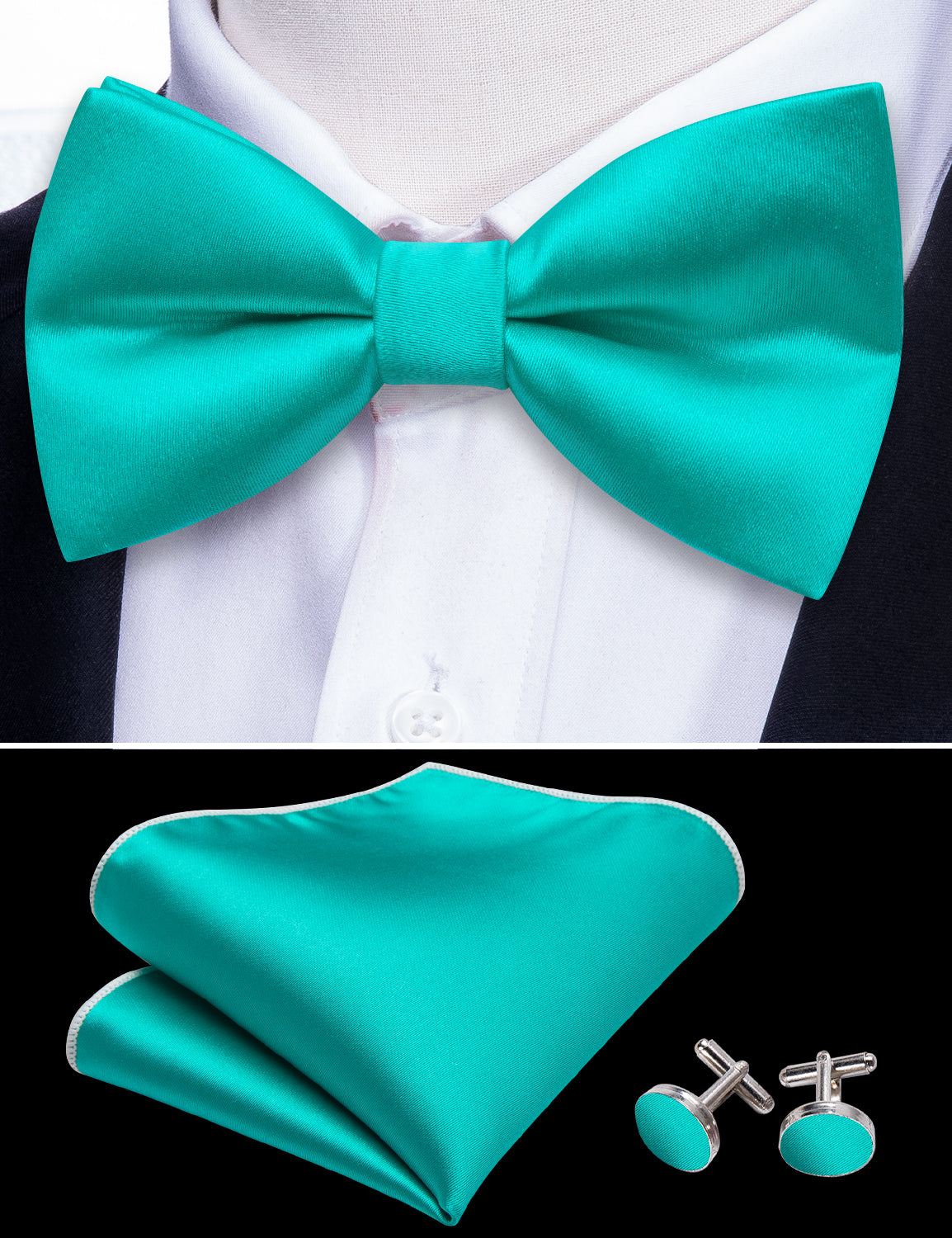 Aqua Solid Silk Pre Tied Bow Tie Hanky Cufflinks Set