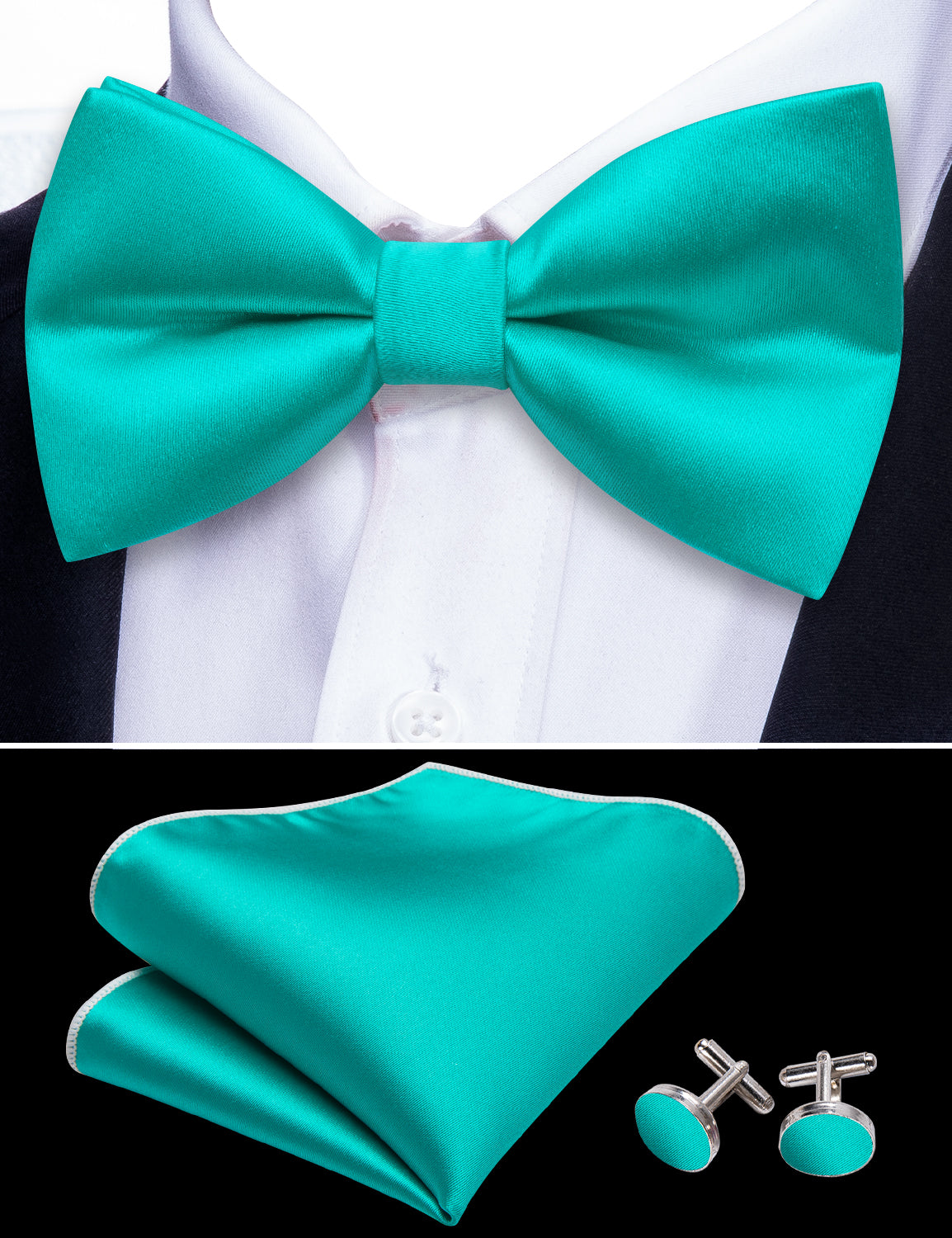 Aqua Solid Silk Pre Tied Bow Tie Hanky Cufflinks Set