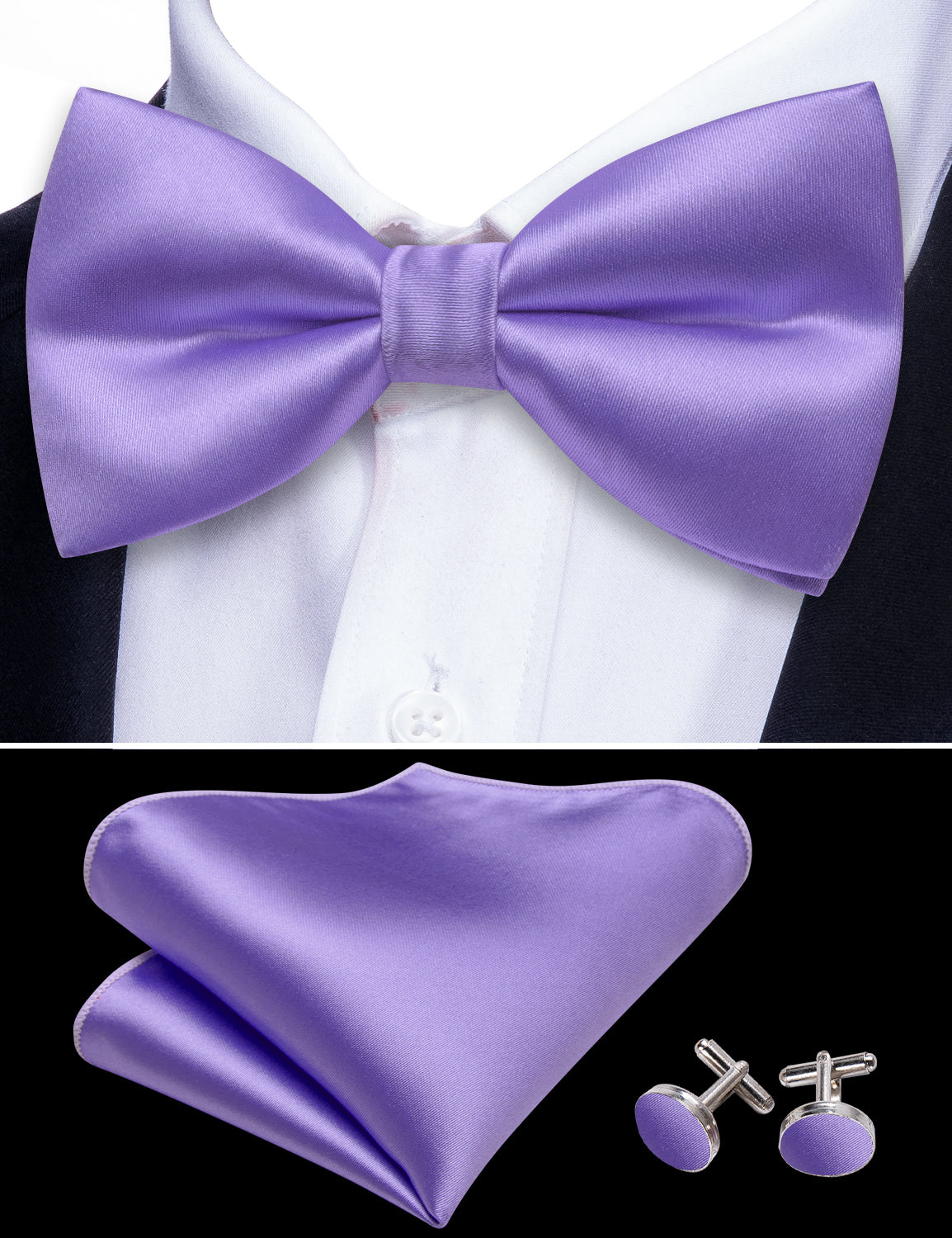 Purple Solid Silk Pre Tied Bow Tie Hanky Cufflinks Set