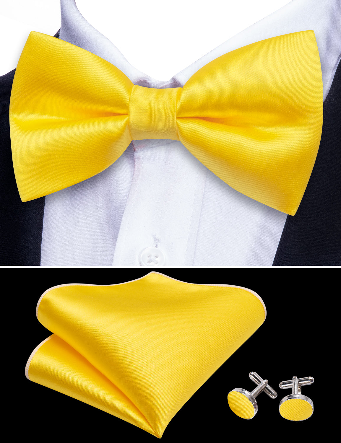 Yellow Solid Silk Pre Tied Bow Tie Hanky Cufflinks Set