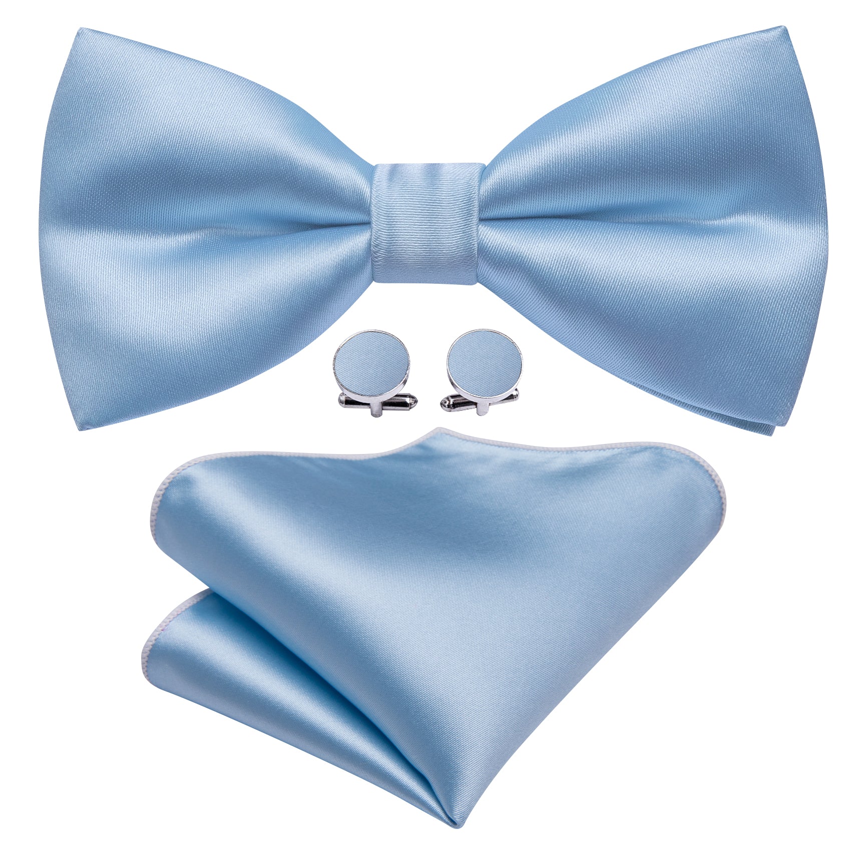 Pale Blue Solid Silk Pre Tied Bow Tie Hanky Cufflinks Set