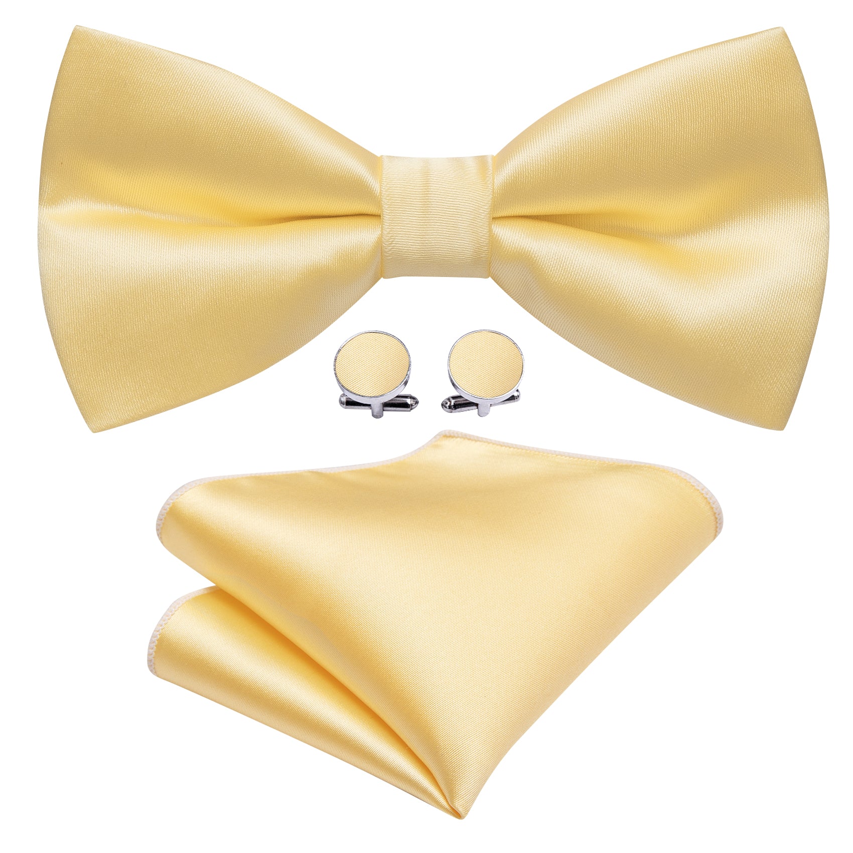 Pale Yellow Solid Silk Pre Tied Bow Tie Hanky Cufflinks Set