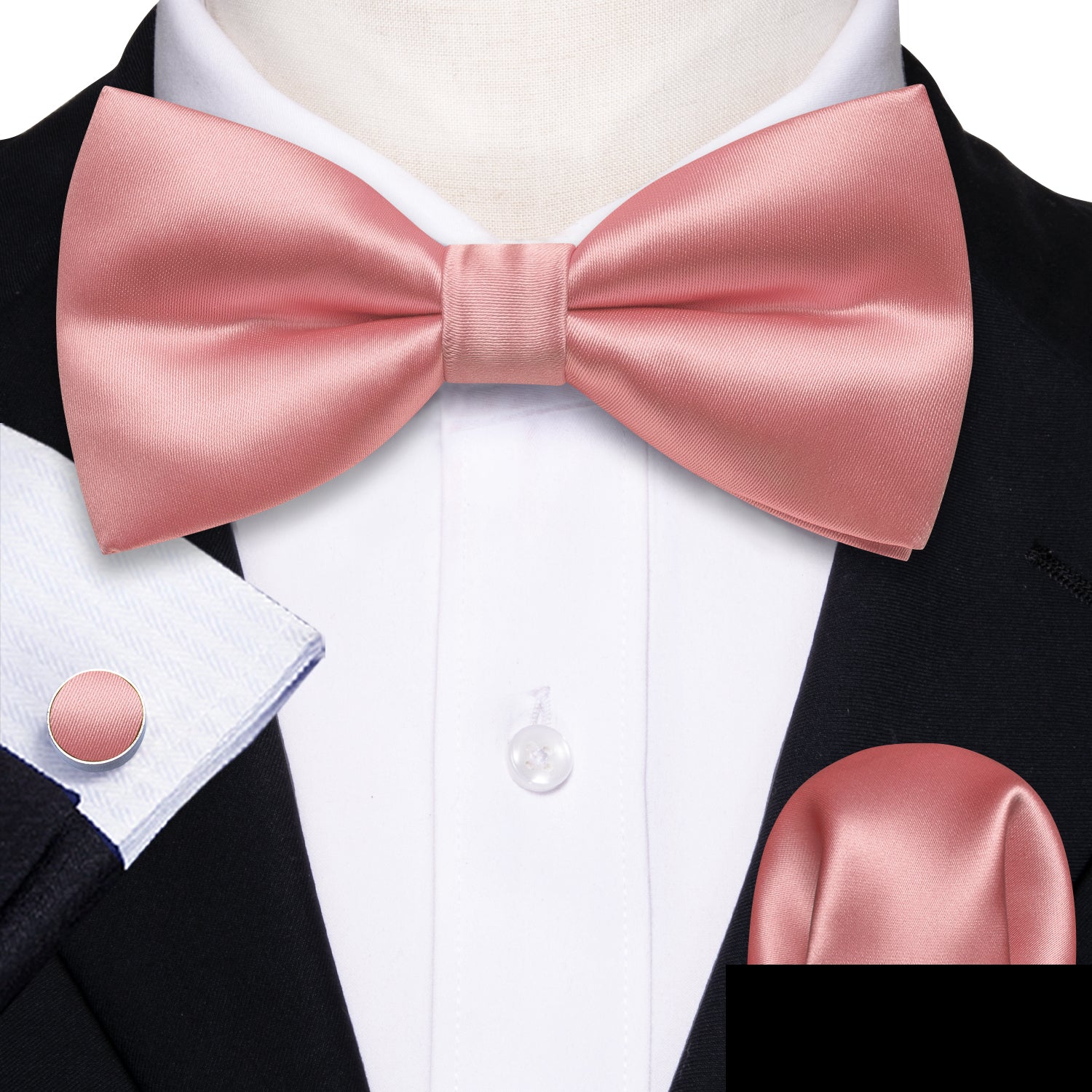 Pink Solid Silk Pre Tied Bow Tie Hanky Cufflinks Set