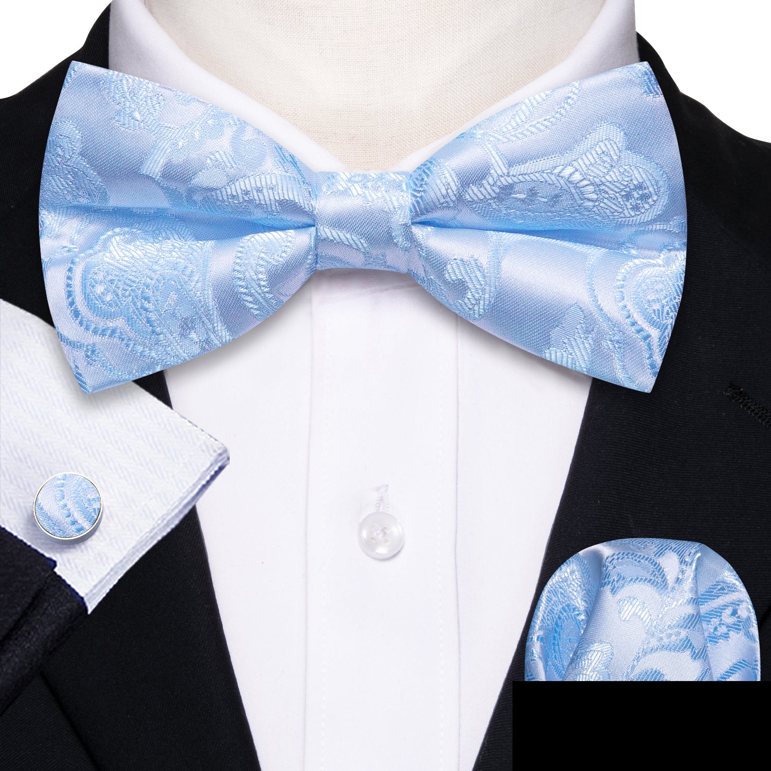Blue White Paisley Silk Pre Tied Bow Tie Hanky Cufflinks Set