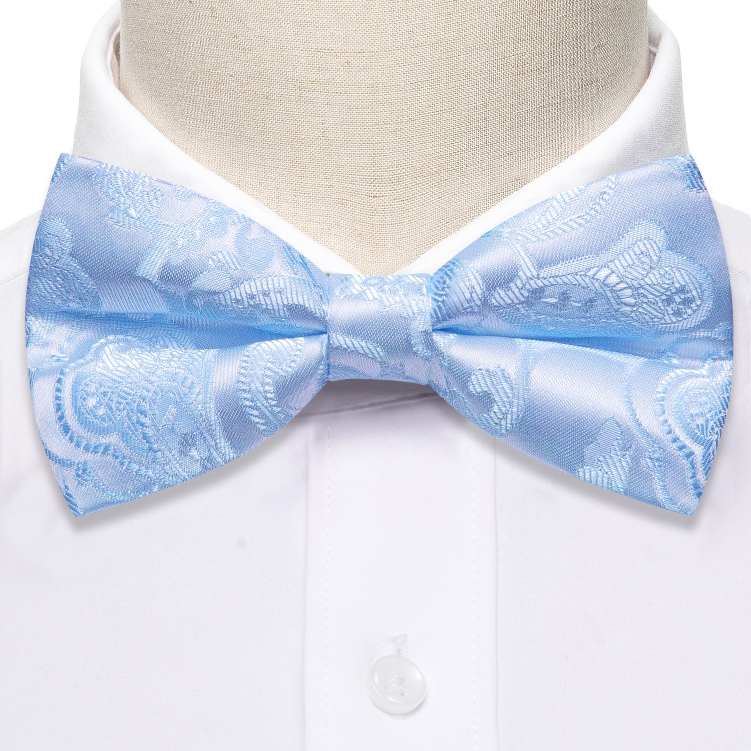 Blue White Paisley Silk Pre Tied Bow Tie Hanky Cufflinks Set