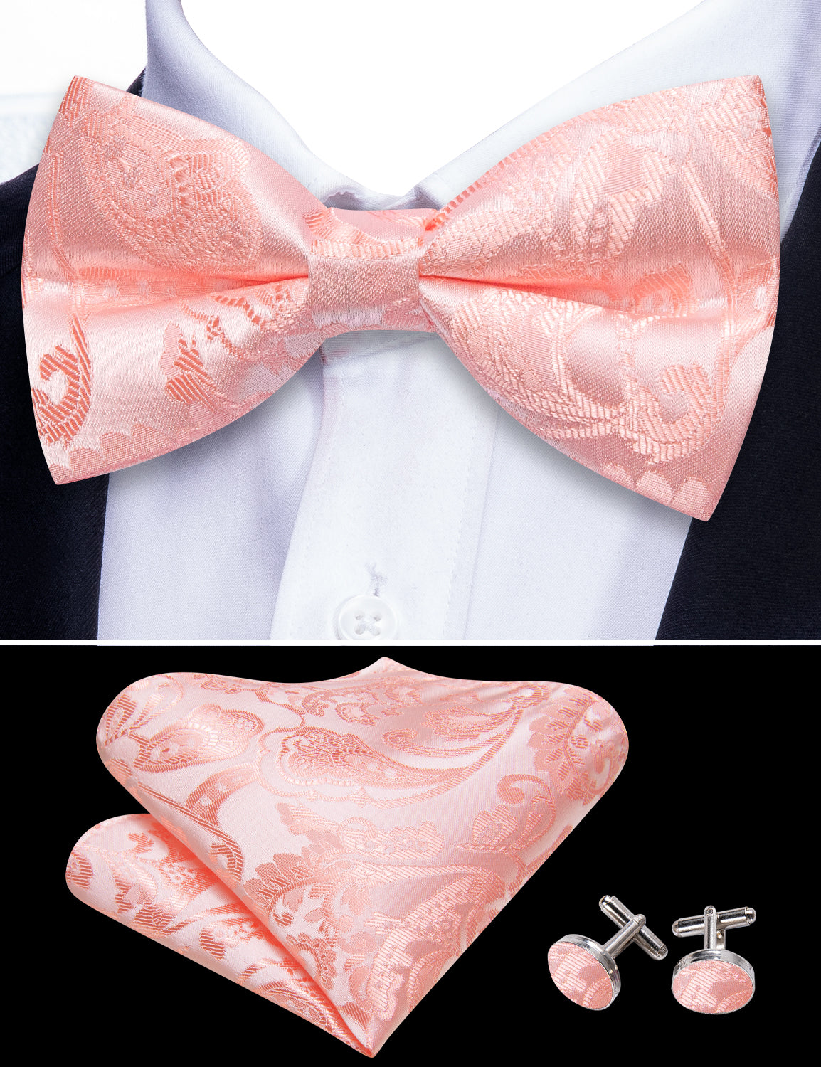 Pink Paisley Silk Pre Tied Bow Tie Hanky Cufflinks Set