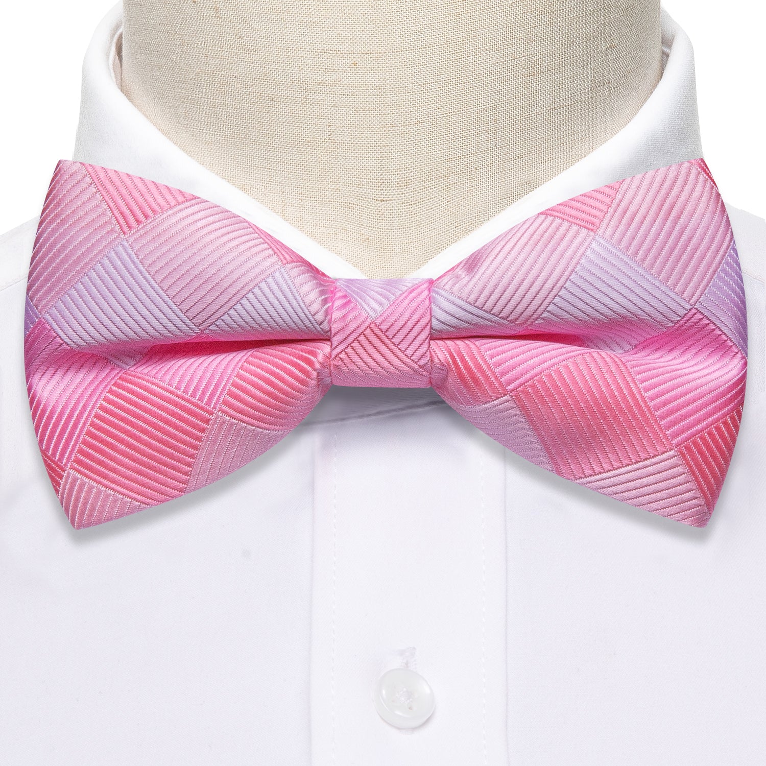 Pink White Plaid Silk Pre Tied Bow Tie Hanky Cufflinks Set