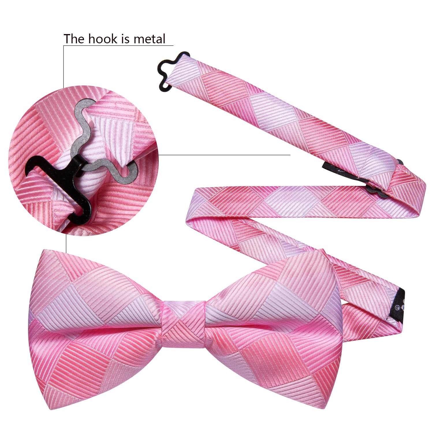 Pink White Plaid Silk Pre Tied Bow Tie Hanky Cufflinks Set