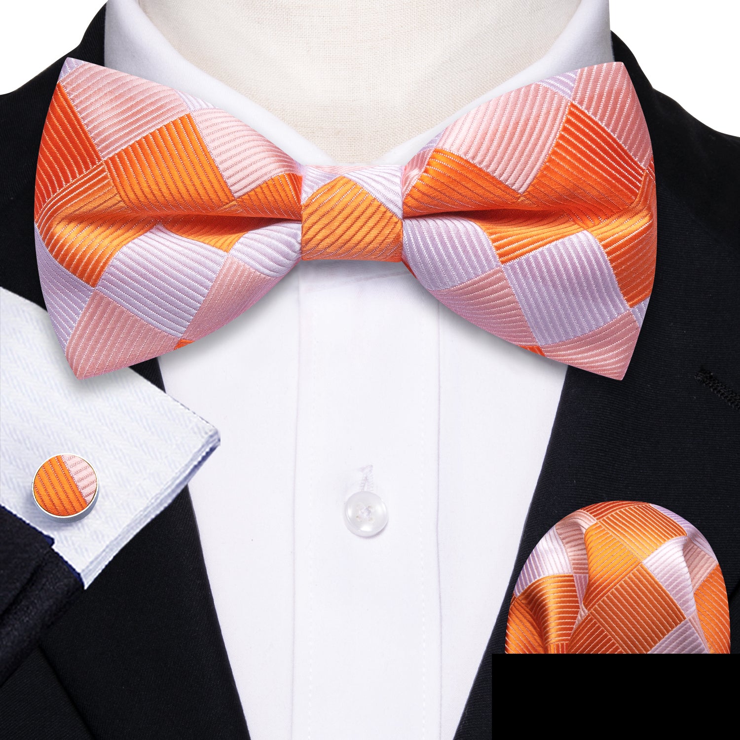 Orange White Plaid Silk Pre Tied Bow Tie Hanky Cufflinks Set