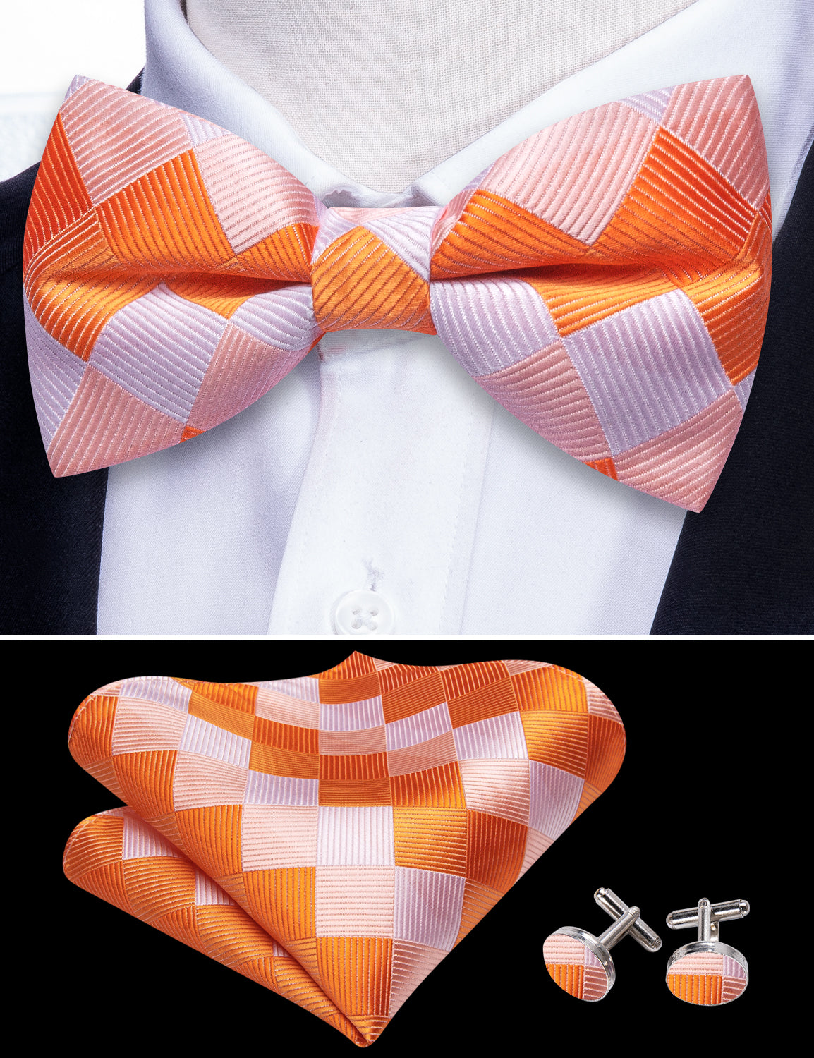 Orange White Plaid Silk Pre Tied Bow Tie Hanky Cufflinks Set