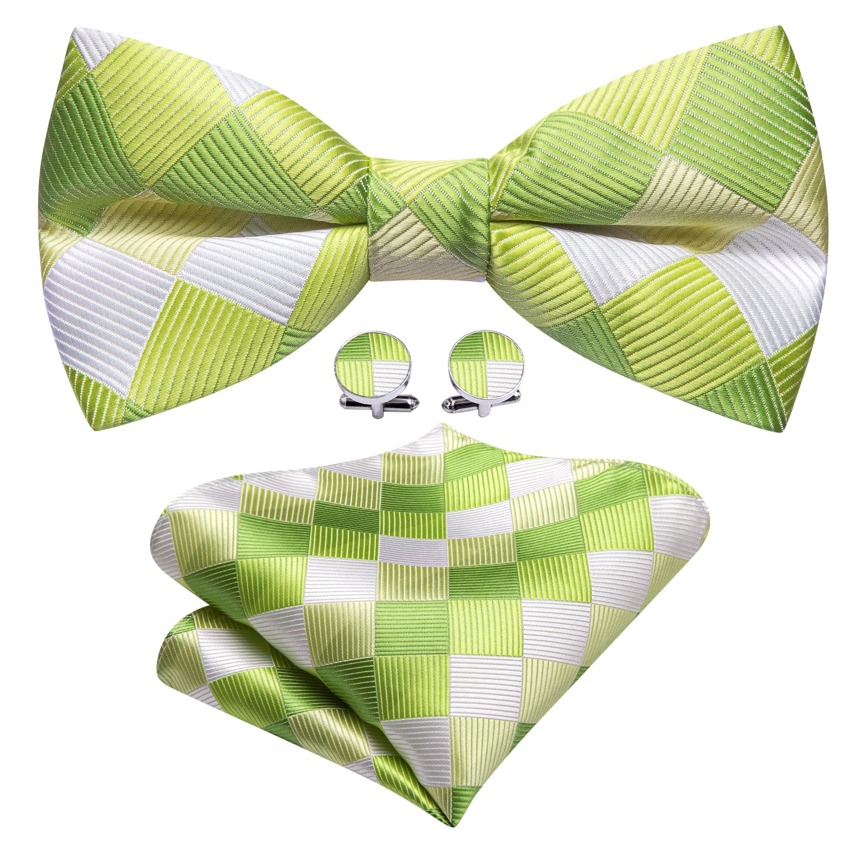 Green White Plaid Silk Pre Tied Bow Tie Hanky Cufflinks Set
