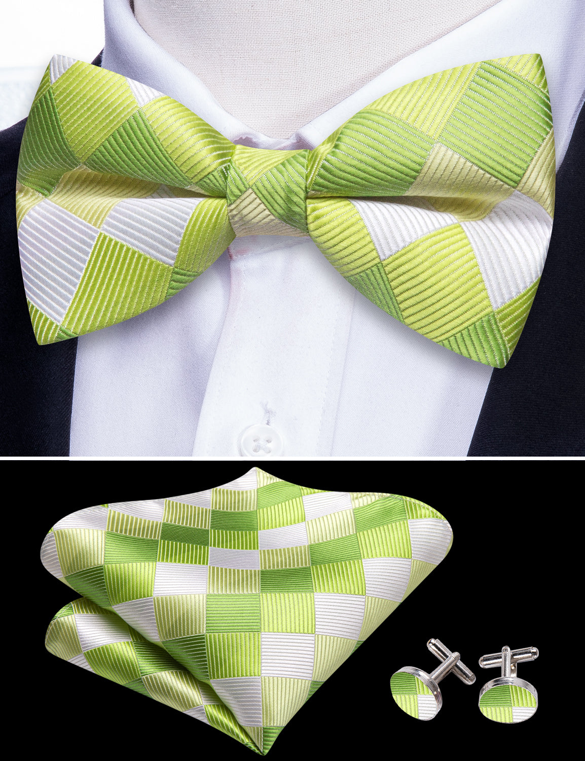 Green White Plaid Silk Pre Tied Bow Tie Hanky Cufflinks Set